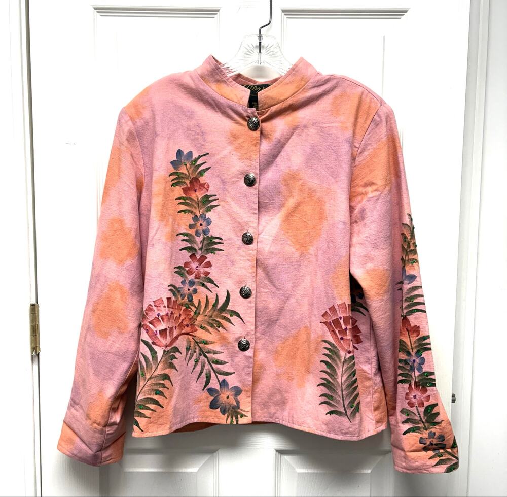 Alex Kim Jacket Peach Floral Cotton Cropped Lined Shoulder Pads Size M
